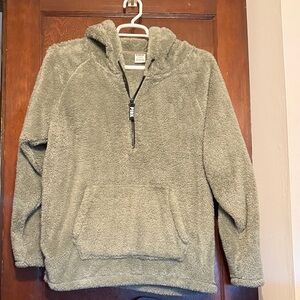 VS PINK women’s light olive green fuzzy fleece hooded pullover jacket, size L